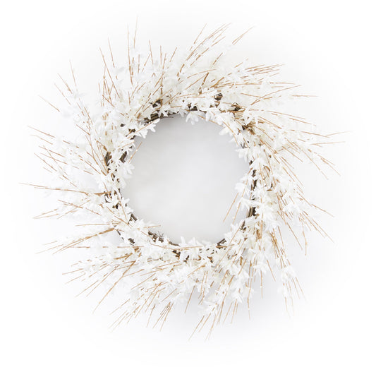 Blossom Floral Wreath with white flowers and natural brown twigs, 25 inches diameter decorative door wreath