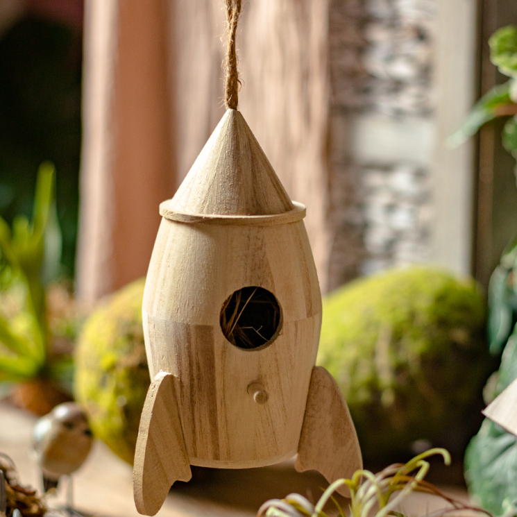 Natural Solid Wood Bird House- Rocket