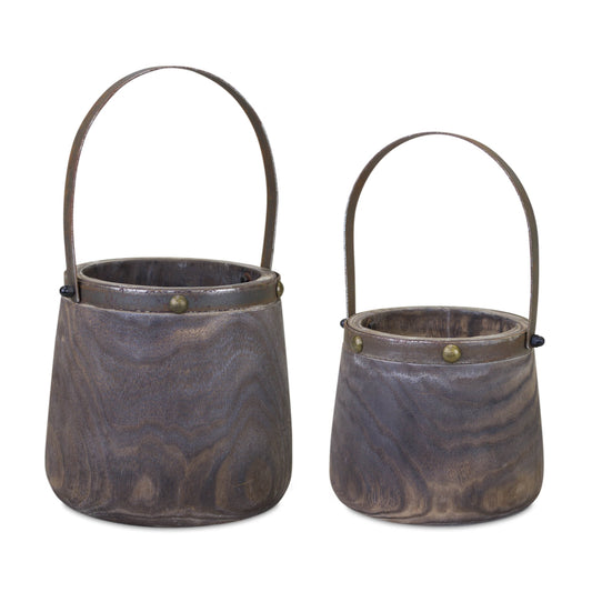 Natural Wood/Metal Pail Planters (Set of 2)