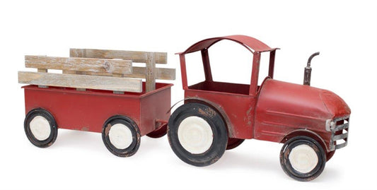 Metal Tractor with Wagon Decor 7.5"L