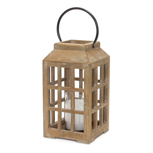 Natural Wooden Lantern with Glass Hurricane