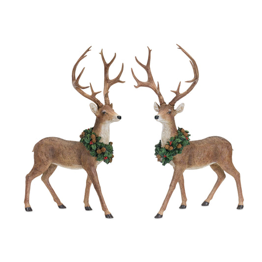 Standing Deer Figurines with Wreath Accent (Set of 2)