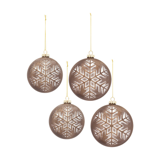Bronze Glass Ball Ornament with Brushed Snowflake Design (Set of 4)