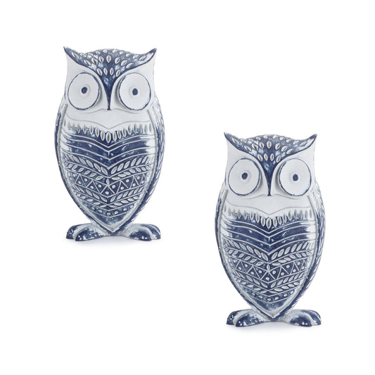 White Washed Owl Decor with Blue Floral Design 6.5"H (Set of 2)
