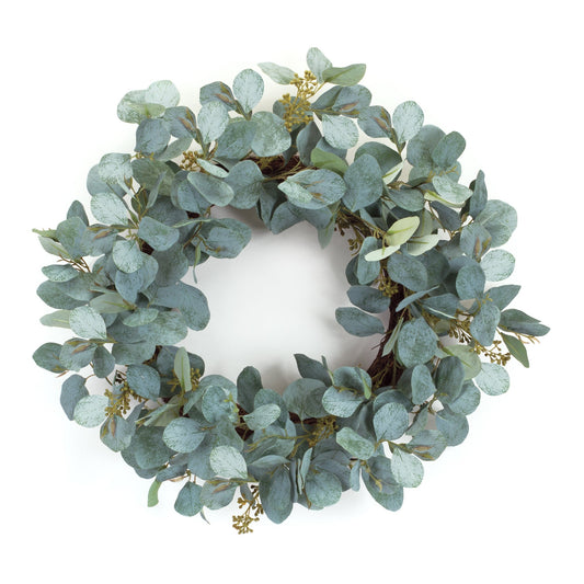 20-inch eucalyptus wreath with variegated leaves and seed accents on a twig base, perfect for indoor natural decor