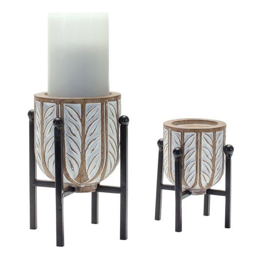 Leaf Pattern Candle Holder with Metal Stand (Set of 2)
