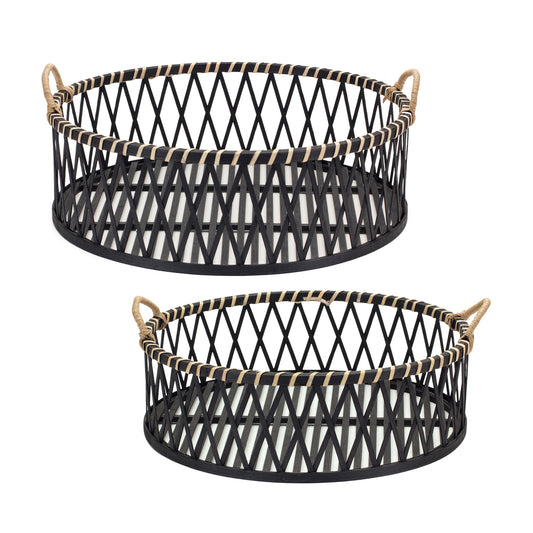 Woven Bamboo Trays with Rattan Handle (Set of 2)