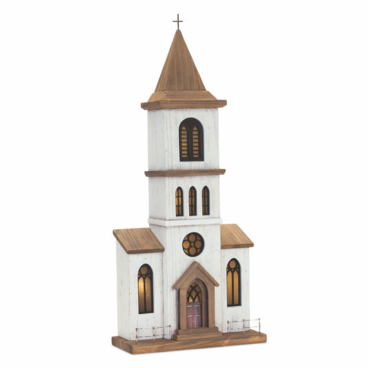 LED Wooden Church Display with Rustic Metal Accents 25.25"H