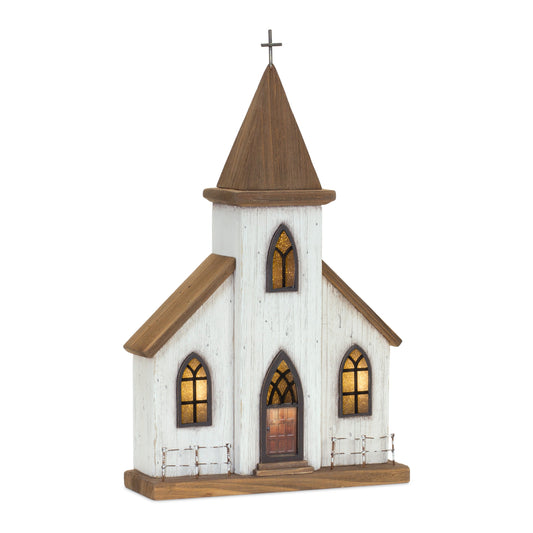 LED Wooden Church Display with Rustic Metal Accents 17.5"H