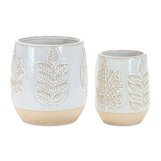 Two Tone Porcelain Planters with Leaf Design (Set of 2)