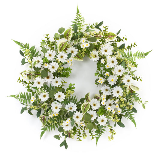 Mixed fern and daisy floral wreath with vibrant white daisies and lush greenery, 22.5 inches in diameter.