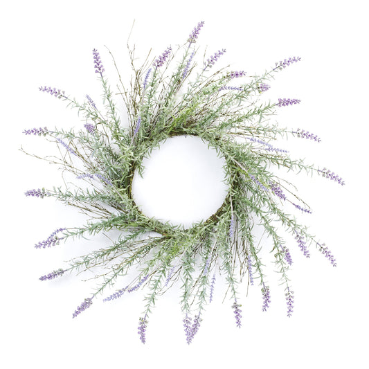 28-inch Lavender Floral Twig Wreath with variegated greenery and lavender accents on rustic twig base