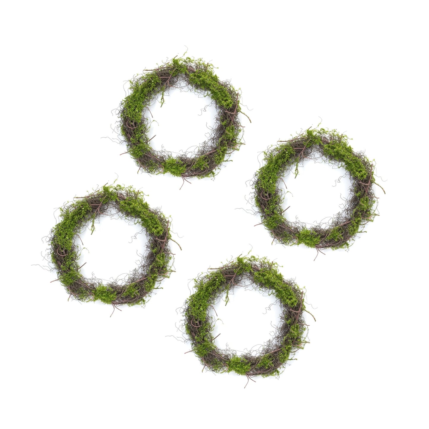 Set of four moss leaf twig wreaths with natural twig bases and variegated green moss leaves for indoor or covered outdoor decor