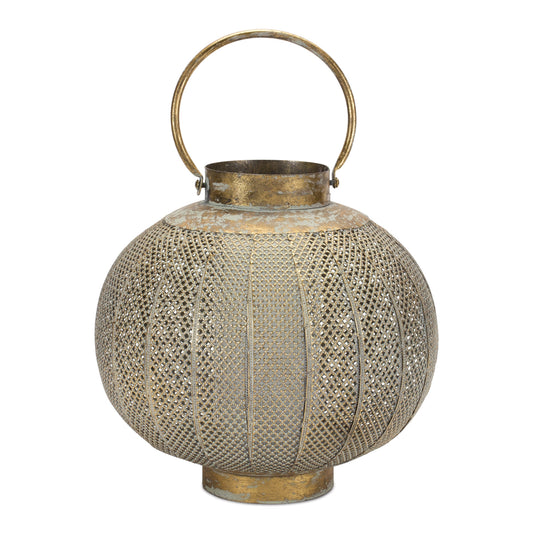 Aged Metal Lantern with Punched Detail, 11.5"H