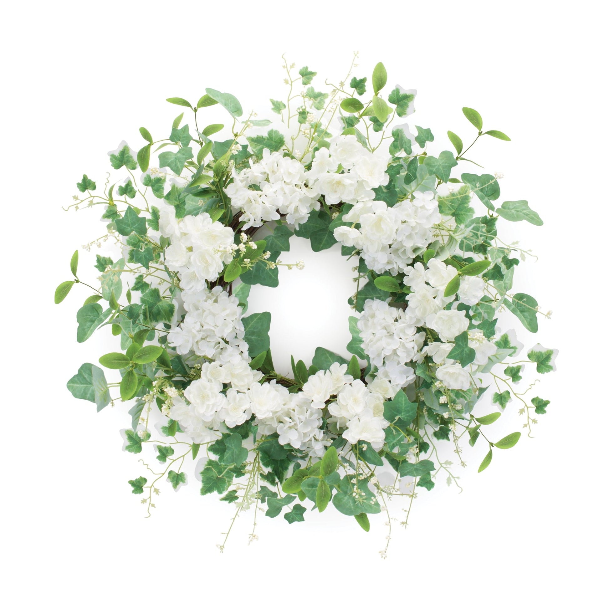 Hydrangea and Ivy Leaf Wreath with white blooms and green ivy on grapevine base, 21.5 inches diameter