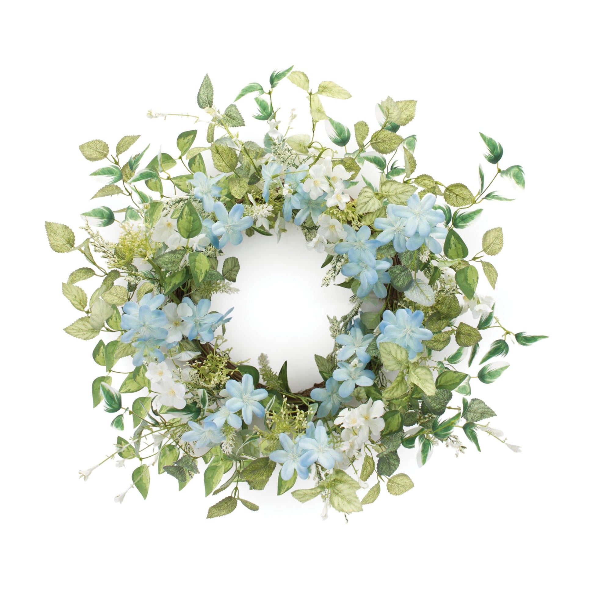 Mini Blossom Floral Wreath 23-inch with blue, white flowers and green leaves on natural grapevine base
