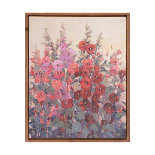 Framed Hollyhock Floral Canvas Art with red and pink flowers on natural fir wood frame, 29 inches tall