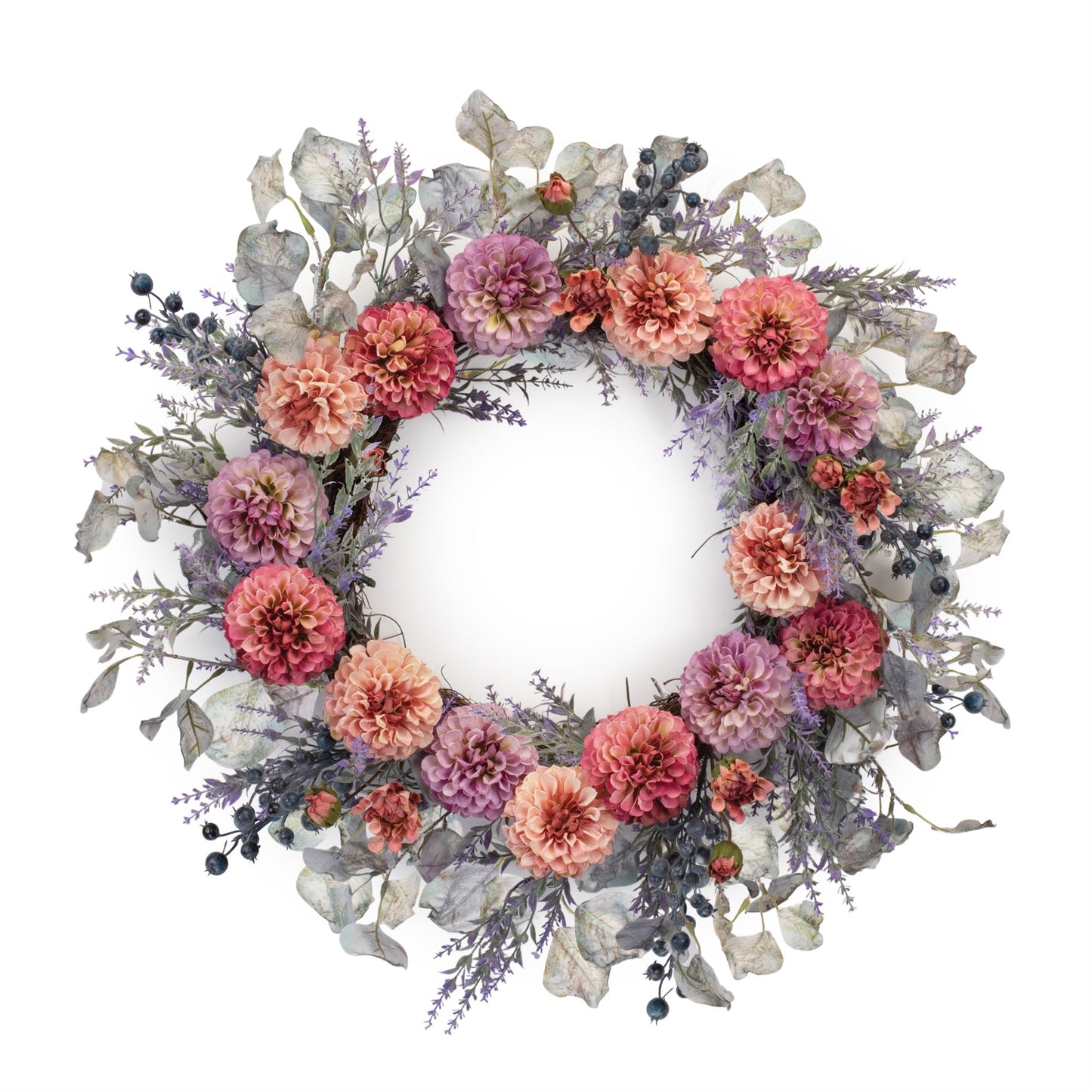 Mixed Zinnia Floral Wreath 24-inch with purple and pink blooms on grapevine twig base for indoor and covered outdoor decor