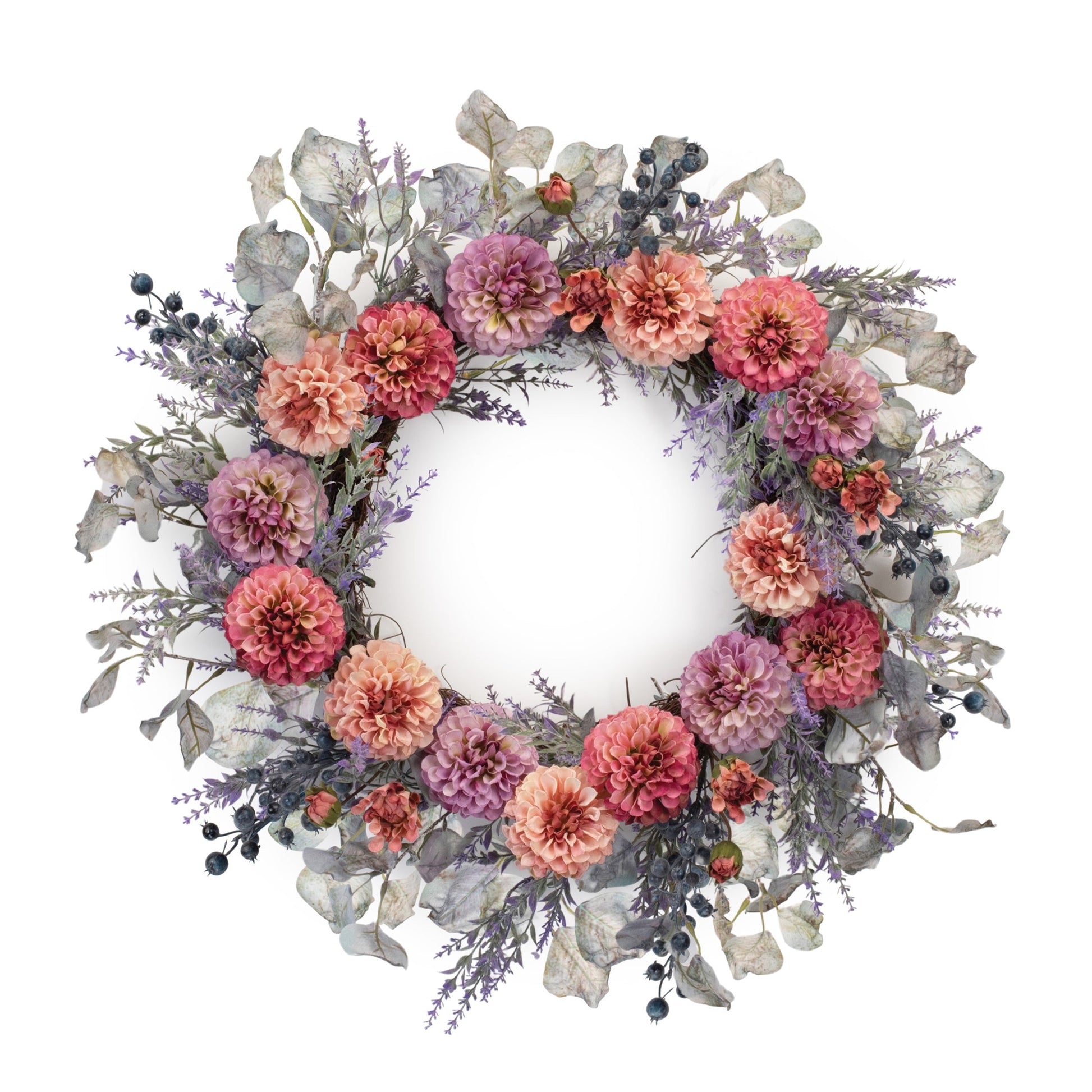 Mixed Zinnia Floral Wreath 24-inch with purple and pink blooms on grapevine twig base for indoor and covered outdoor decor