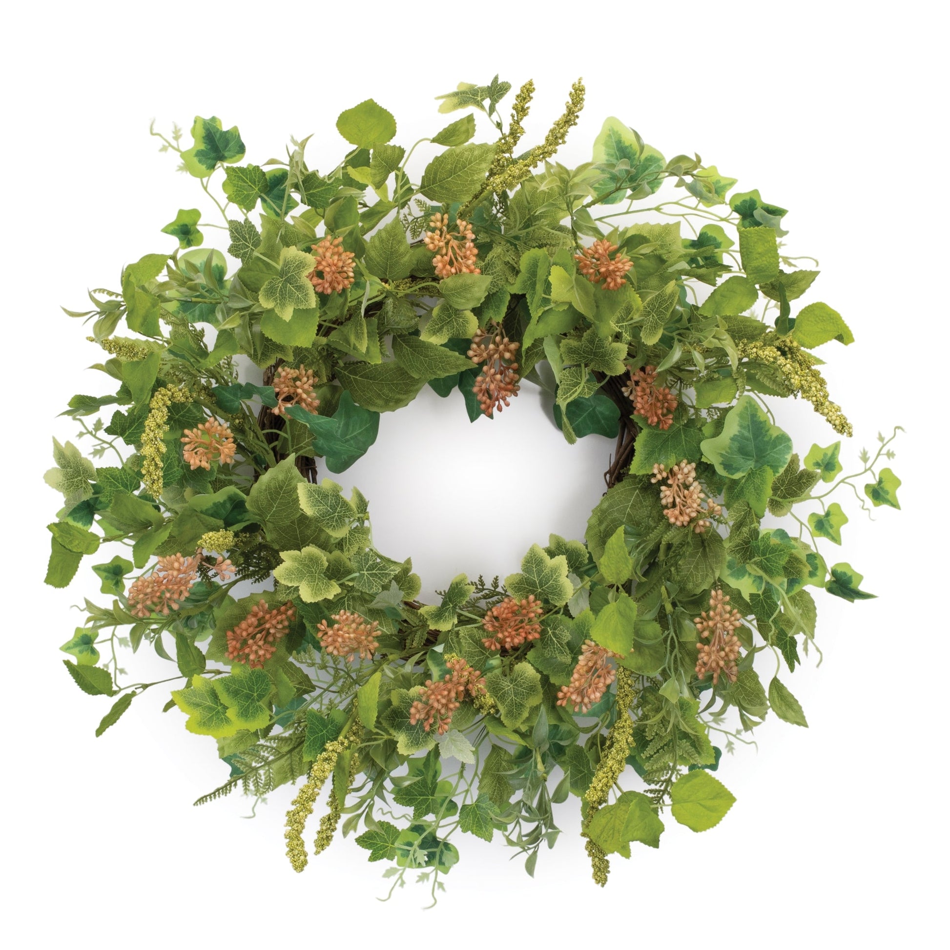 24-inch mixed seeded foliage wreath with green leaves and brown seed clusters on a grapevine base