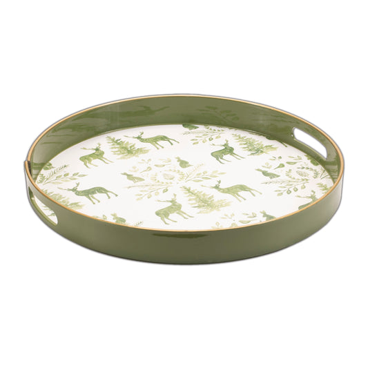 Round Deer and Pine Tree Print Tray 13.5"H
