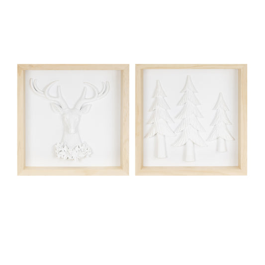 Framed Holiday Deer and Tree Artwork (Set of 2)