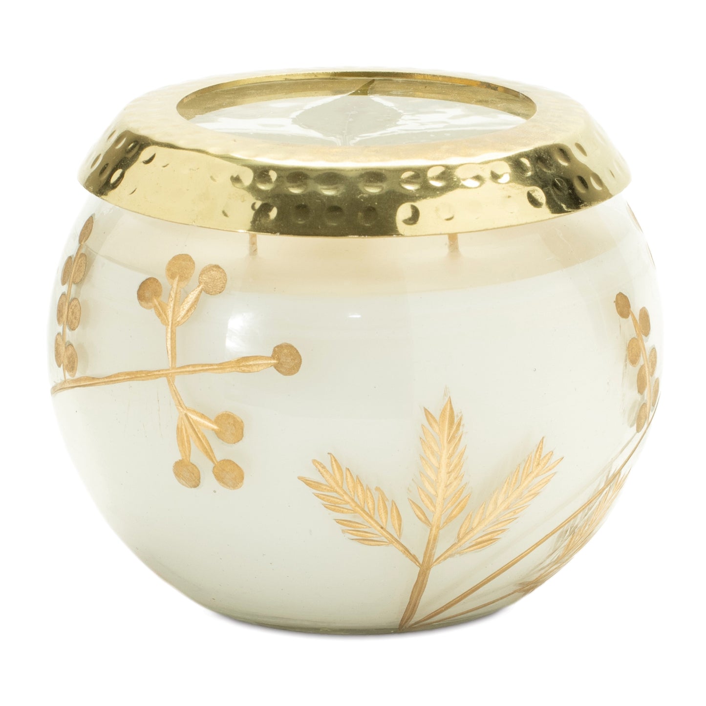 Round Candle in Glass with Gold Foliage 5"D x 4"H