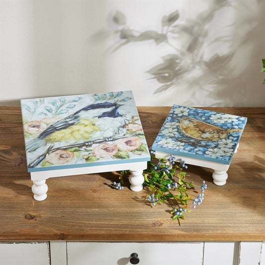 Wooden Floral Bird Risers (Set of 2)