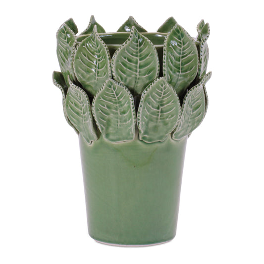 Stoneware Tall Pot with Leaves- Set of 2