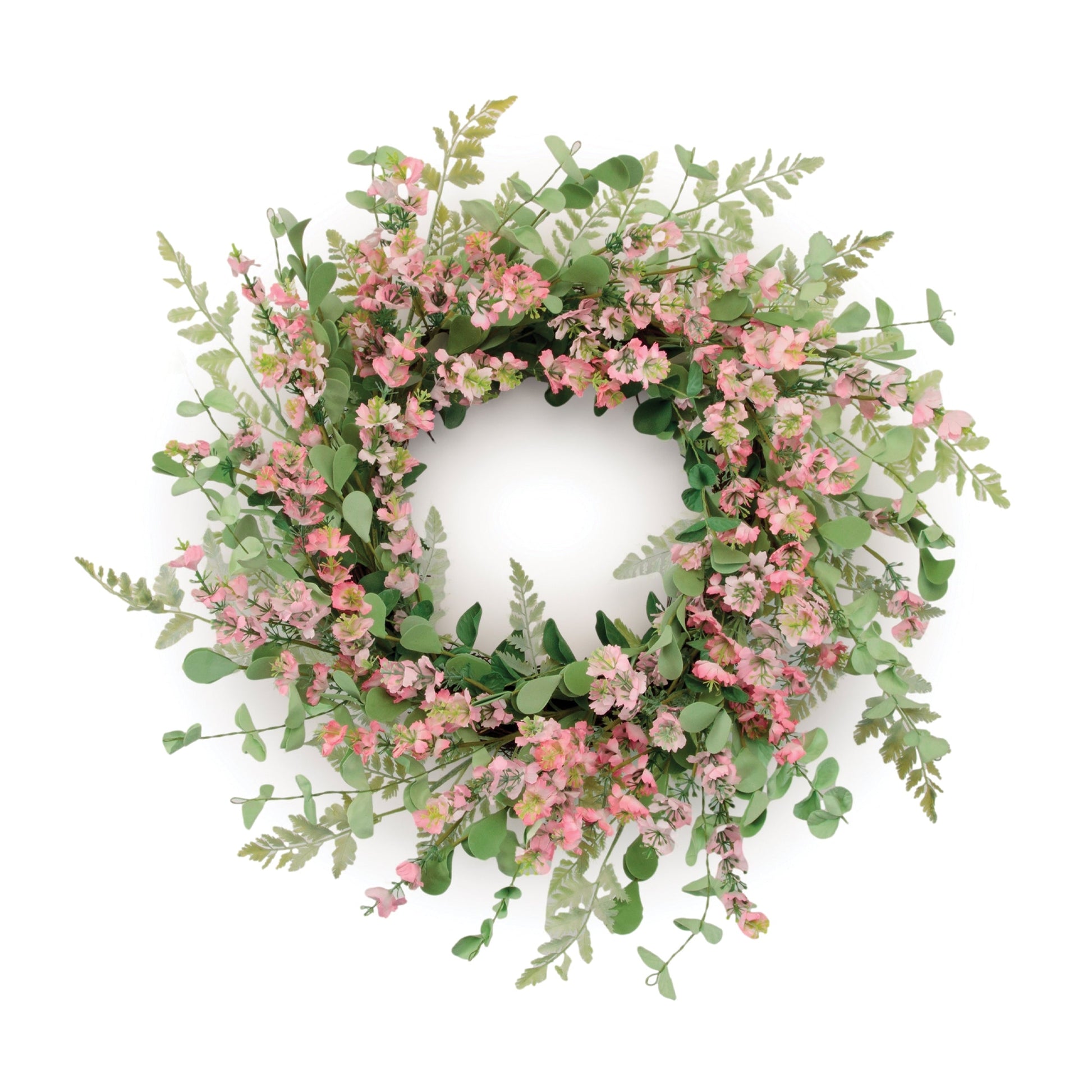 Mixed Blossom Floral Wreath with soft pink blossoms, eucalyptus, fern leaves on natural twig grapevine base, 18-inch diameter.