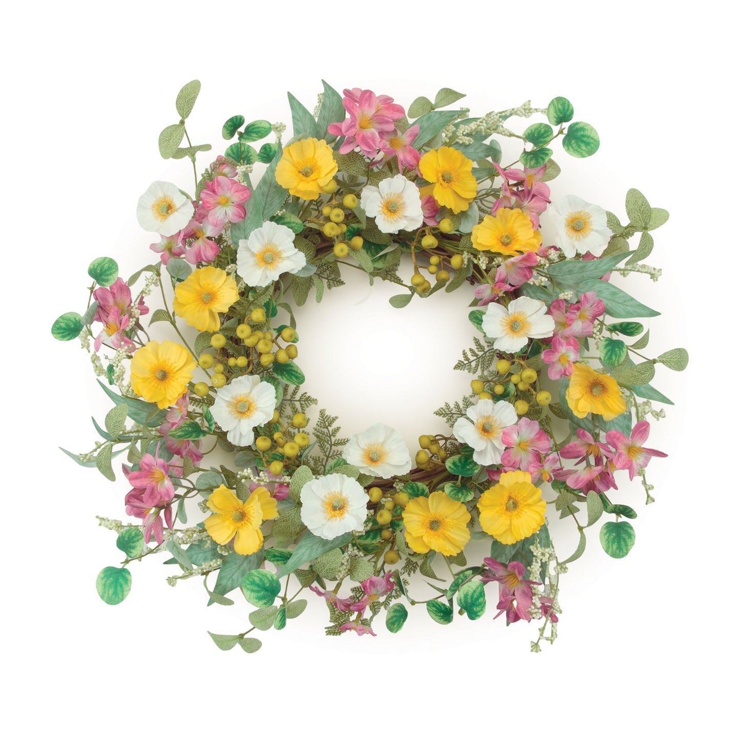 Mixed Poppy Floral Wreath with yellow, white, and pink poppies, spring berries, and mixed foliage on a twig grapevine base.