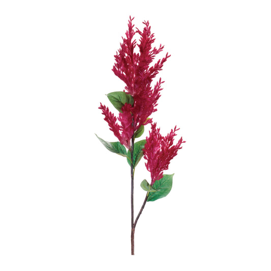 Bright red Astilbe floral spray with green leaves, artificial decorative flower stem for floral arrangements