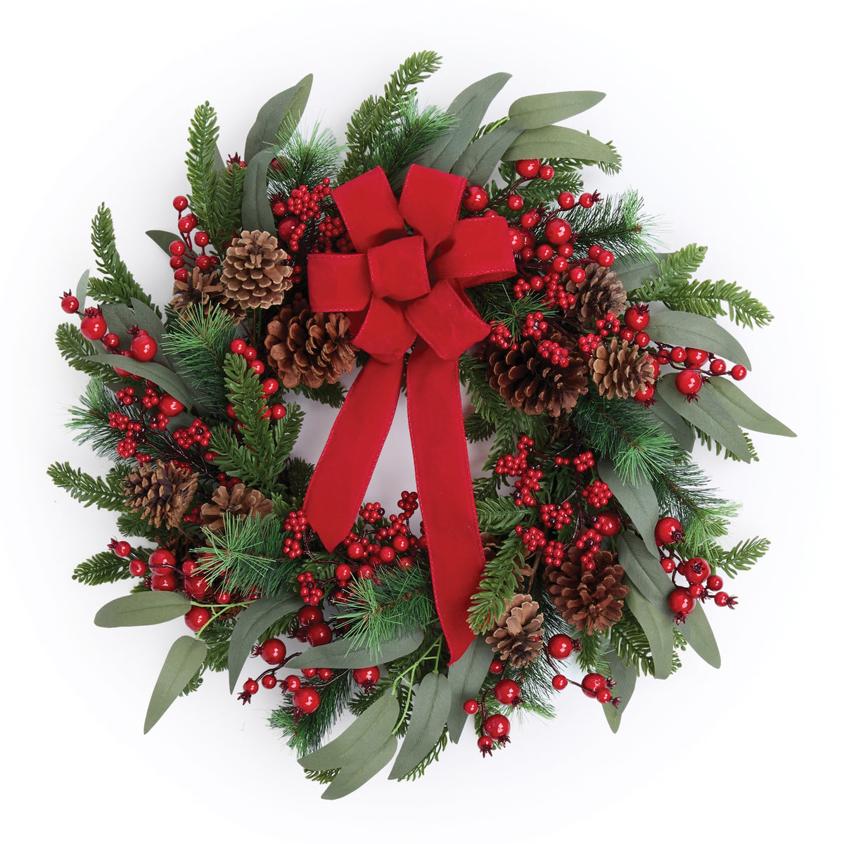 Pine/Berry/Cone Wreath w/Ribbon 24”D