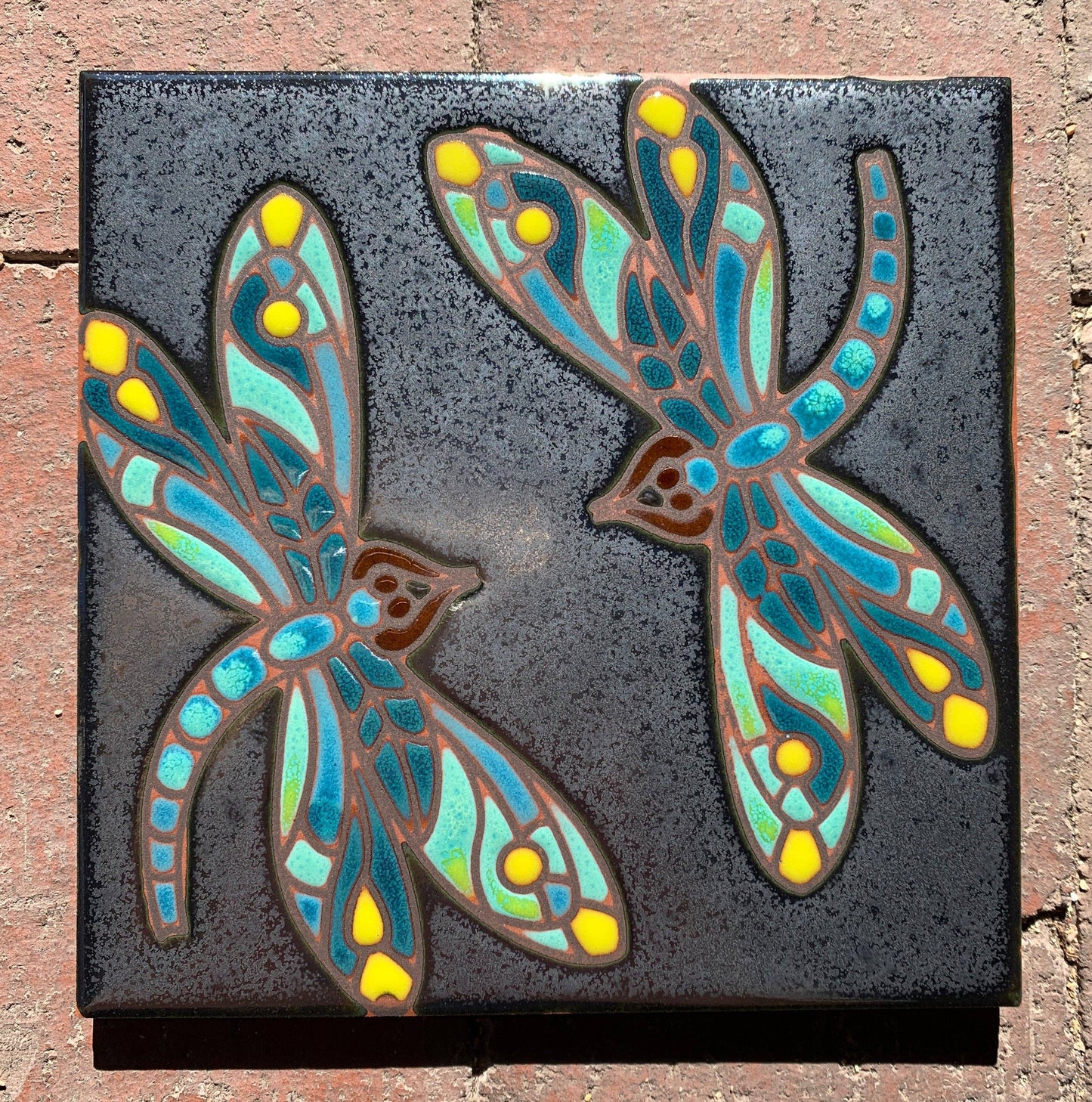 Artist Made Tile-Dragonflies on Silver