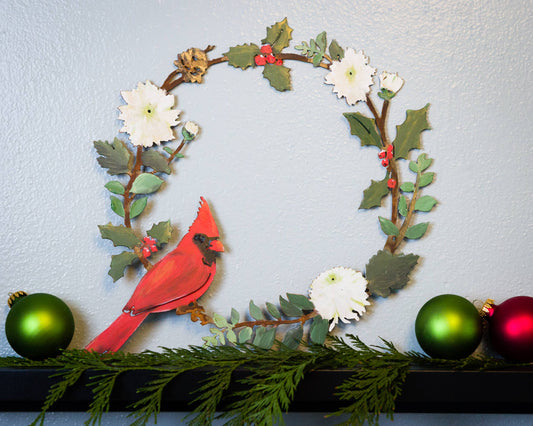 Cardinal on Holly Handmade Metal Wreath