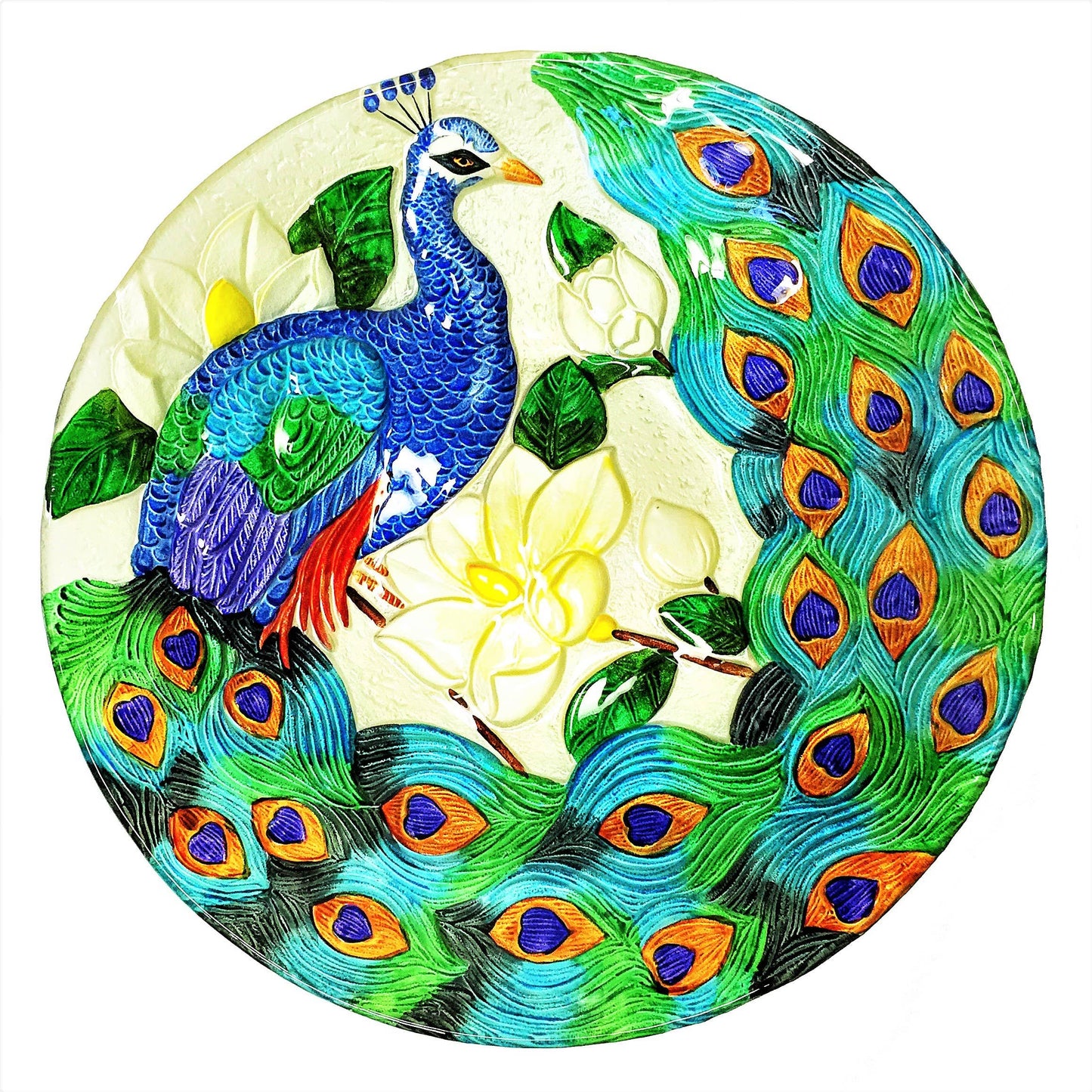 18" Hand Painted Peacock Glass Bowl