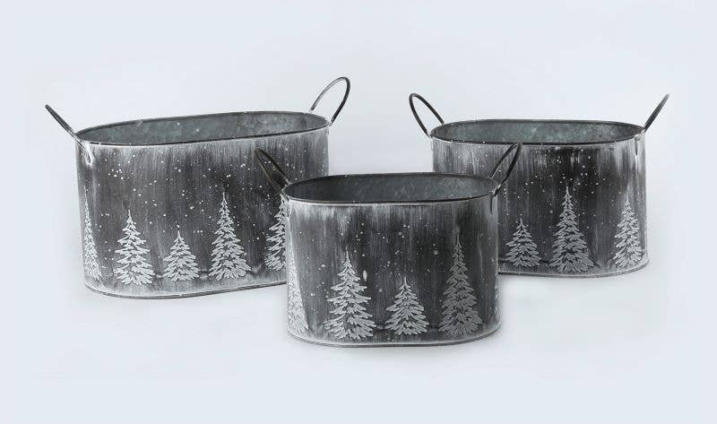 Whitewash Oval Holiday Trees Metal Tub