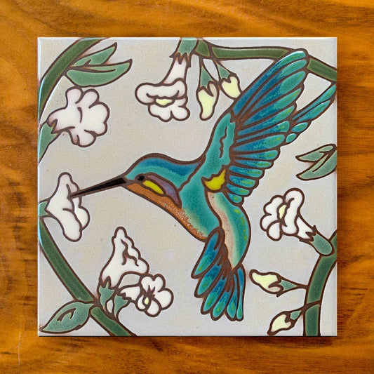 Artist Made Tile-Hummingbird Wht Flowers
