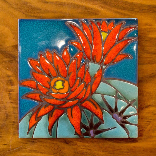 Artist Made Tile-Hedgehog Cactus Desert Bloom Navy