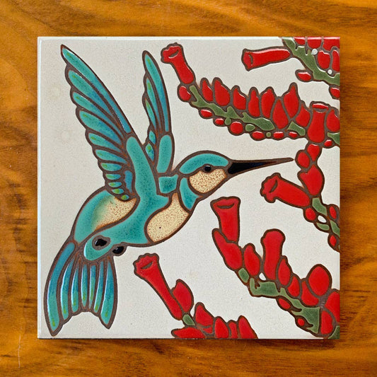 Artist Made Tile-Hummingbird with Ocotillo Wht