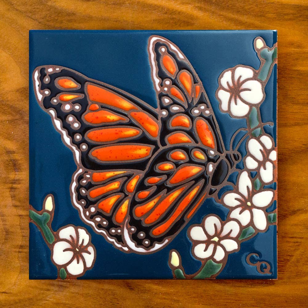 Artist Made Tile-Monarch with White Flowers